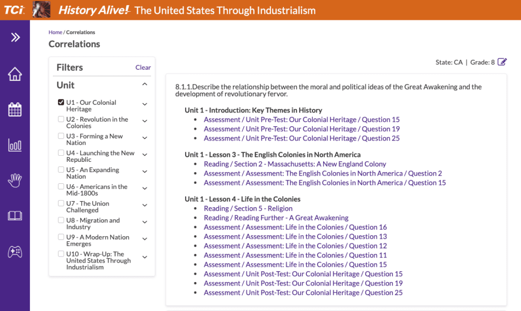 Image of new correlations page with quick links